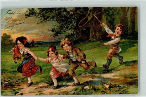 1907 Junge läßt sich von drei Kindern an der Leine ziehen Lithographie