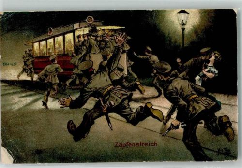 1917 Zapfenstreich Straßenbahn voll mit Soldaten, die ins Lager wollen