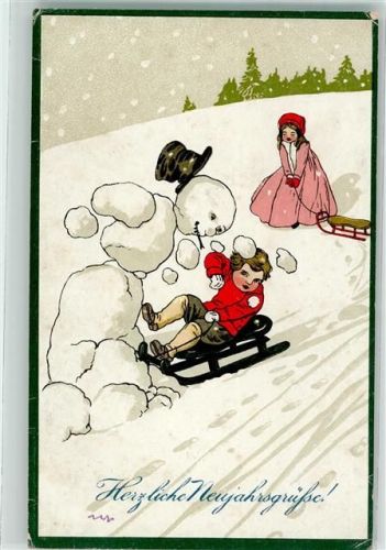 Neujahr Schlitten Kinder Litho