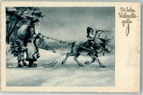 + Zwerg auf Ski werden von einem Rentier gezogen Weihnachten