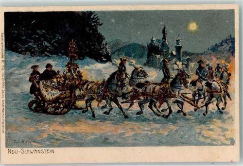 Neuschwanstein 1899 Pferdeschlitten mit dem König Neuschwanstein sign. Fritz Bergen Verlag Zieher, Ottmar Künstlerkarte Nr. 1145