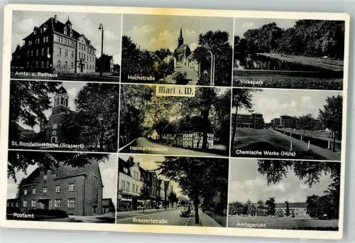 Marl 1954 Rathaus Hochstrasse Volkspark Kirche St. Bonifatius Postamt Amtsgericht