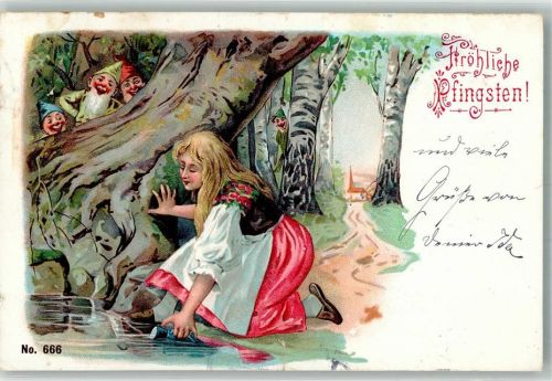 1900 Zwerg Mädchen am Bach Birken