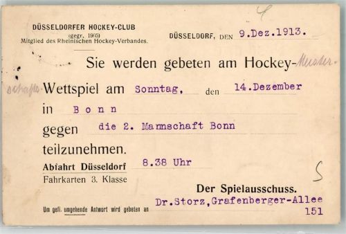 W4000 Düsseldorf Hockey Club Einladung zur Meisterschaft Eishockey 1913