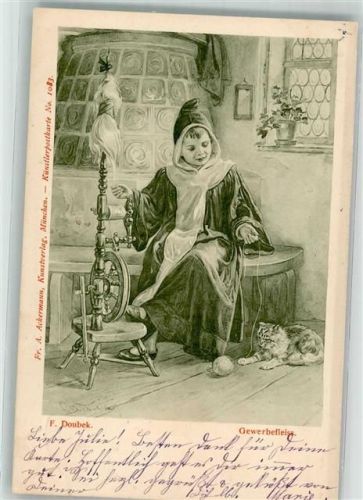 1901 sign. Doubek, F.B. Spinnrad Katze Verlag Ackermann Nr. 1083
