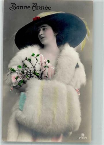 1913 Verlag Rotophot Serie 3456/4 Hutmode Muff Bonne Annee Neujahr Mistel