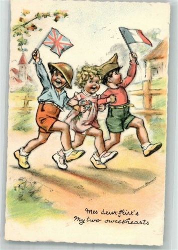1940 sign. Bouret Mädchen mit französischem und englischem Jungen