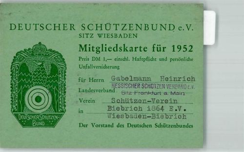 Wiesbaden Mitgliedskarte Schützenbund 1952