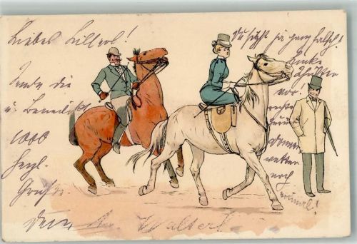 Frau im Damensattel + Adelskorrespondenz Reiten 1901 Lithographie / Künstlerkarte