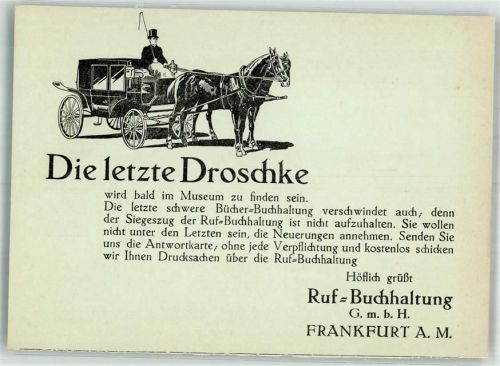 Frankfurt 1929 Die letzte Droschke Werbung Ruf-Buchhaltung
