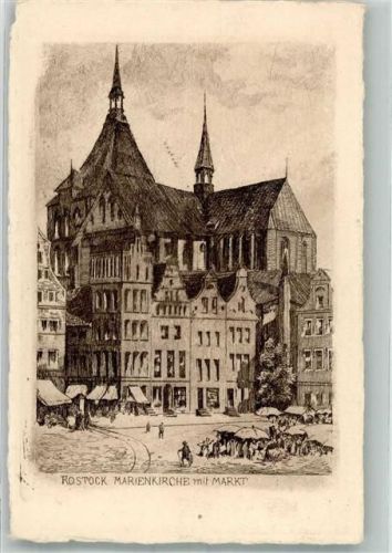 Rostock Handabzug Kunstverlag F. Jander / Berlin Marienkirche mit Markt