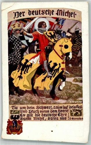 1918 sign. Wilke Der deutsche Michel Ritter zu Pferde Verlag des Vereines Südmark Kernstock-Karte Nr. 79 Künstlerkarte Vignette Rosegger