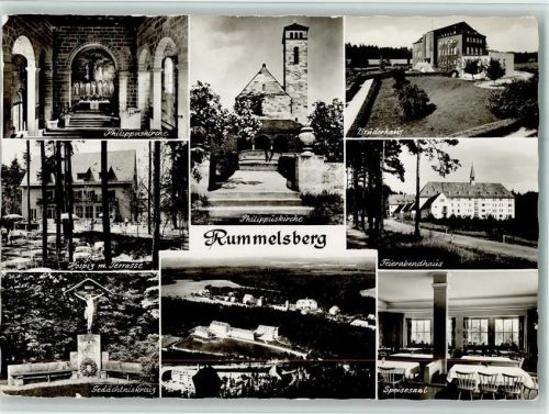 Rummelsberg Philippuskirche Innenaufnahme Hospiz mit Terrasse Gedächtniskreuz Brüderhaus Feierabendhaus Innenaufnahme Speisesaal