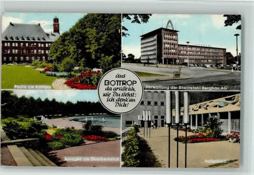 Bottrop Partie am Rathaus Verwaltung der Rheinstahl Bergbau AG Anlagen am Overbeckshof Hallenbad 4-Bildaufnahme