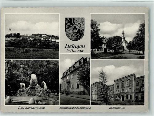 Usingen Geamtansicht Fürst Walraddenkmal Löndratsamt ehem. Prinzenhaus Kirche Aufbauschule Mehrfachaufnahme Wappen