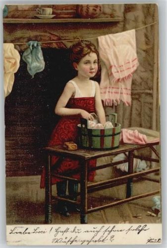 Litho - Mädchen mit Wäschetrog , Seife und Wäscheleine 1905 AK