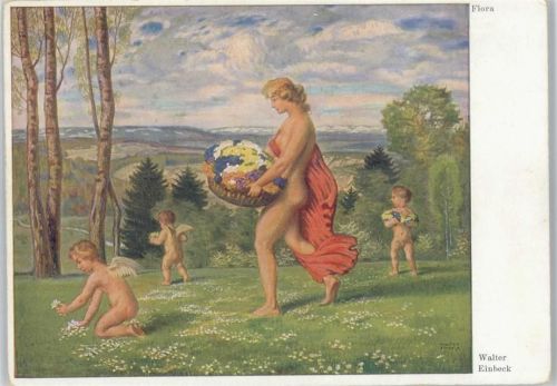Flora Nackte Frau und nackte kleine Engel sammeln Blüten - Erotik