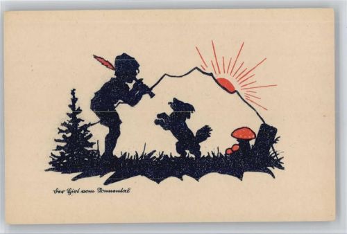 1944 Scherenschnitt , Junge mit Flöte, Hund und Pilze