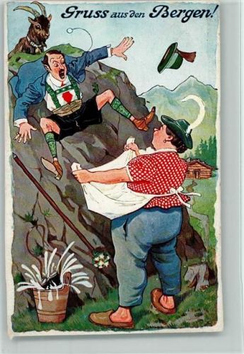 Rutschpartie - Dicke Frau fängt den Mann in der Schürze auf, Fernglas fällt in die Ziegenmilch ca 1918 AK