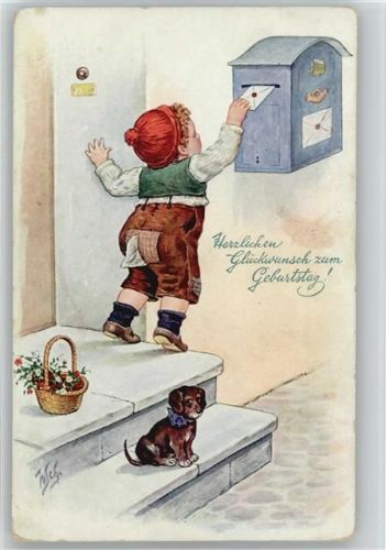 Kind mit Brief - Hund mit Blumenkorb - 1913 AK