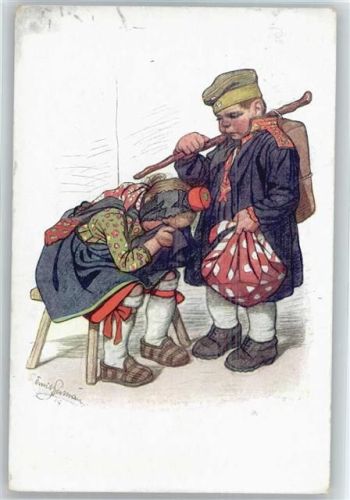 Kinder in Uniform, WKI Hessische Trachten Schwälmer - Künstlerkarte Nr. 7 AK Beithan, E. Künstlerkarte