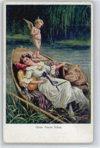 Verlag ASCO Nr. 7127 - Amor Engel - Glamour Frau im Ruderboot -