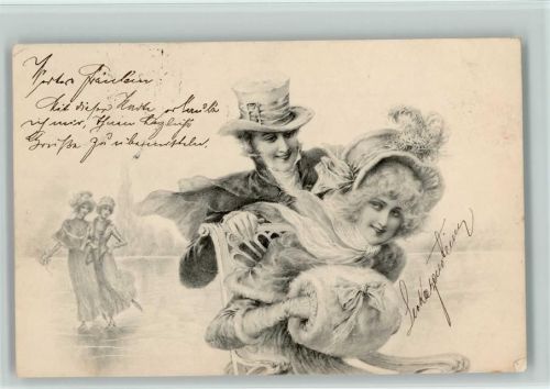 1902 Munk Vienne - Schlittschuh laufen - Schlittenstuhl mit Liebespaar, Pelzmode, Muff