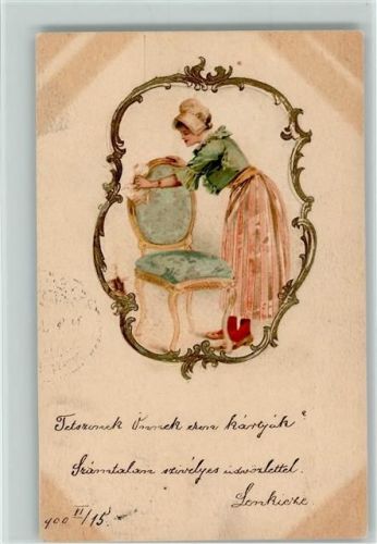 Goldener Bilderrahmen - Dienstmädchen putzt einen Stuhl 1900 AK