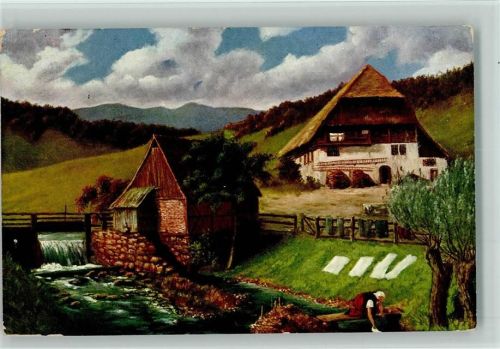 1912 Bauernhaus am Bach , Wäsche waschen - Weiß Schwarzwaldserie I Nr. 3 AK
