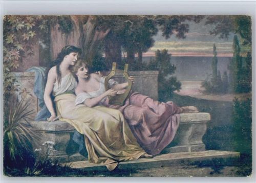 Frauen spielen Harfe auf der Steinbank , sign Schweninger , Salon J.P.P. Nr. 2094 AK