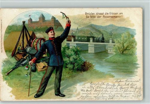 1901 Es lebe der Reservemann - Eisenbahn, alle Utensilien vor dem Zelt, Trommel, Gewehre, Pickelhaube, Tornister