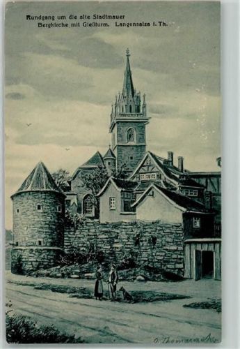 Bad Langensalza Alte Stadtmauer Bergkirche Gießturm Mann mit Hund sign. Bahnpoststempel