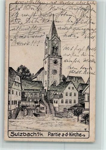 Sulzbach 1920 Federzeichnung , Partie an der Kirche AK