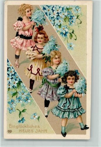 1908 Neujahr - Kinder mit Vergissmeinnicht