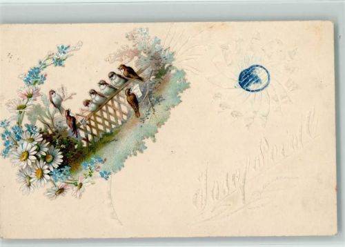 1907 Oblatenapplikation - menschliche Vögel mit Notenblatt, Vergissmeinnicht, Präge eingeritzt