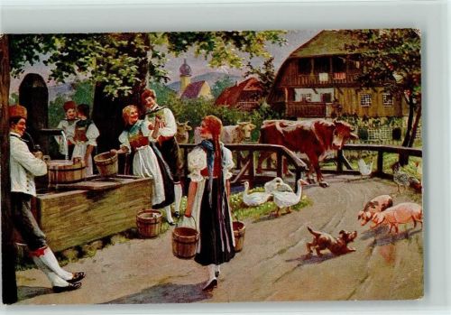 Serie II "Leben und Treiben im Schwarzwald" Am Dorfbrunnen, Wasserträger , Trachten Volksleben Schwarzwald