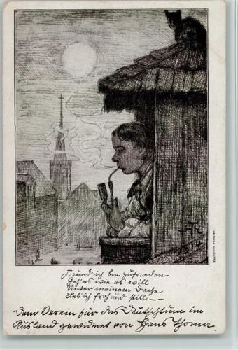 Frau am Fenster mit einer Pfeife - Verein für das Deutschtum im Ausland - Hans Thoma Karte Nr. 3 AK