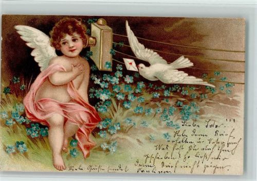 1905 Amor, weiße Taube mit einem Brief , Vergissmeinnicht - Poesie