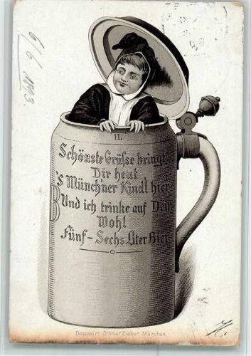 München 1893 Kindl guckt aus einem Bierkrug heraus AK Ottmar Zieher - Stempelspuren