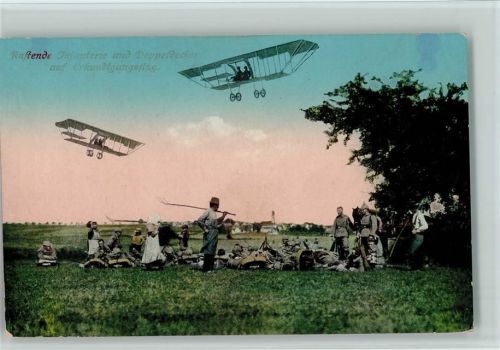 Doppeldecker Erkundungsflug, rastende Infanterie