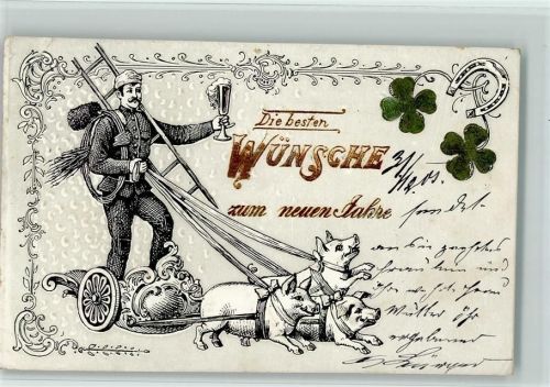 1902 Neujahr - Schweine ziehen den Schornsteinfeger AK