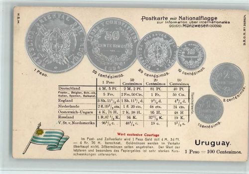 Münzenkarte und Nationalflagge - Uruguay AK