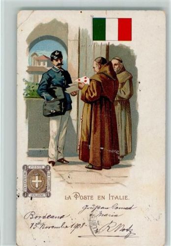 1908 La Poste en Italie und Briefmarke , Mönche, 2 Eckknicke