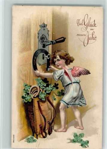 1908 Engel hängt ein Hufeisen an die Tür , Glücksklee, AK