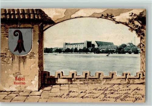 Basel 1901 Kasern - Blick druch die Mauer , Wappen , Rathr-Fehlmann 702 AK