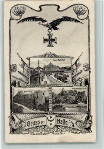 O4002 Halle (Saale) Bahnhof mit Straßenbahn, WK I AK Eisernes Kreuz 1914 Gebrauchsspuren