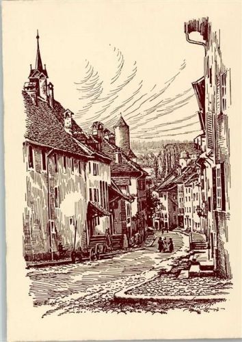 Porrentruy sign Willi Nicolet , Federzeichnung - Rue de la Prefecture , Erhaltung I