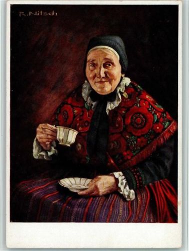 P 1 R. 3 Nr. 1, sign Nitsch, Deutsches Reich Volkstrachten , Pommersche Bäuerin mit einer Kaffeetasse