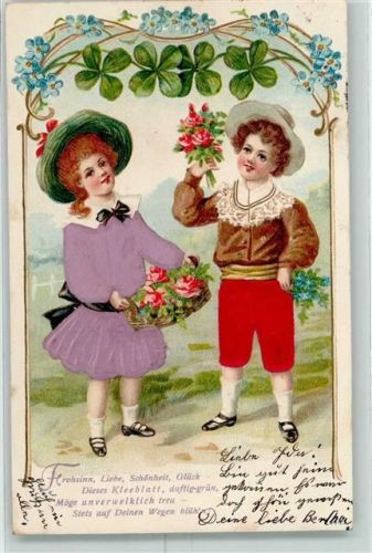 1906 Prägedruck Lithographie Serie 3443 Sprüche Vergissmeinnicht Kleeblatt Fortuna AK