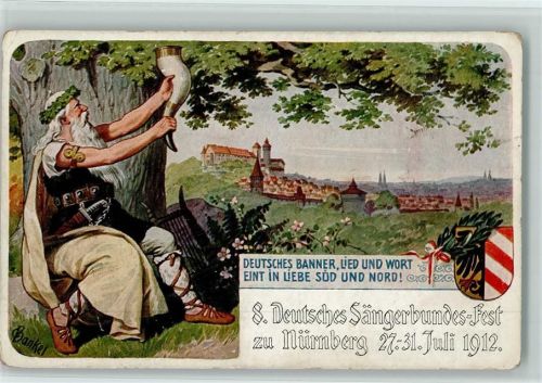 Nürnberg 1912 8. Deutsches Sängerbundes-Fest Mann mit Horn Wappen